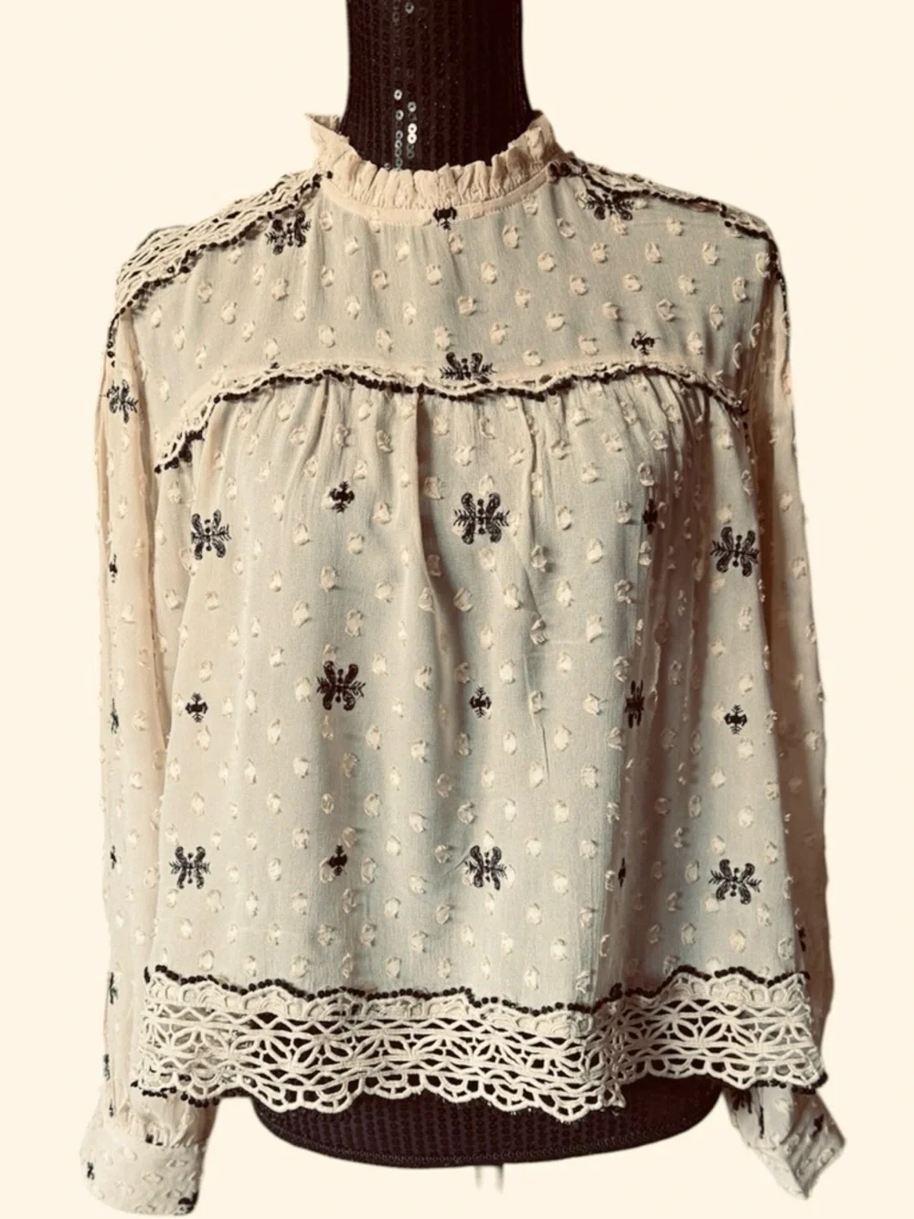 ZARA Vintage-Inspired Cream Embroidered Blouse